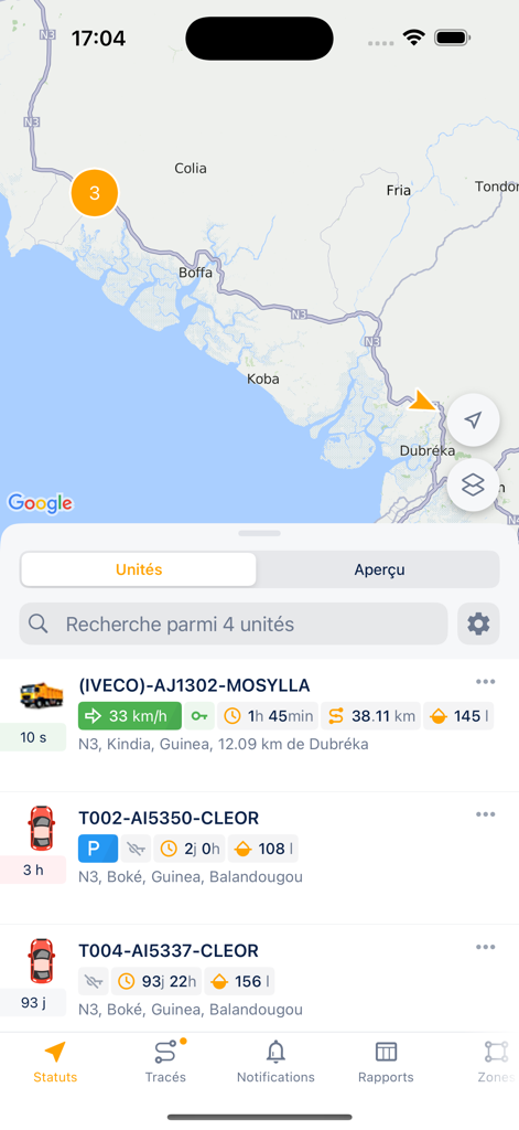 ALTOTRACK - Panel de la aplicación ALTOTRACK que muestra el rastreo GPS de vehículos en tiempo real con lista de mapas y estado de unidades