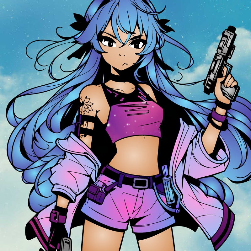 bad girl wearing crop top holding a gun long hair anime