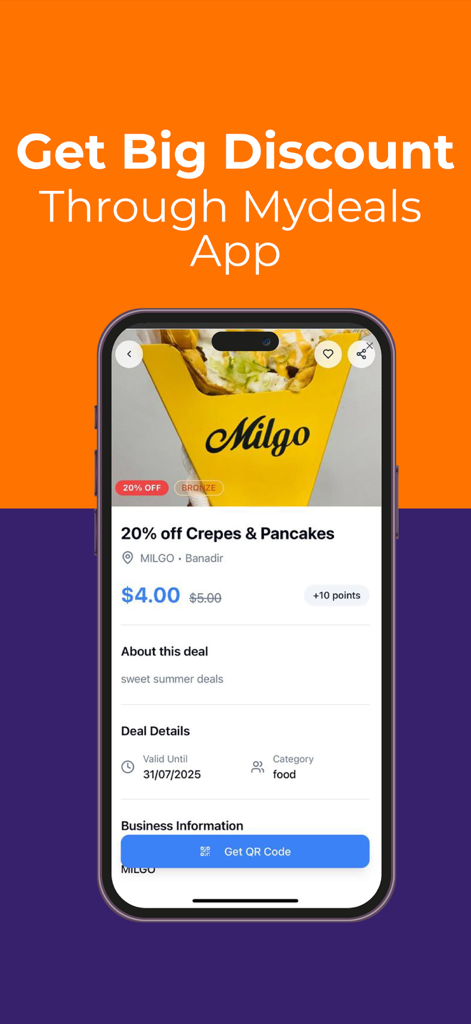 MyDeals: Local Deals & Rewards - MyDeals app interface showing a twenty percent discount on local food and earned points