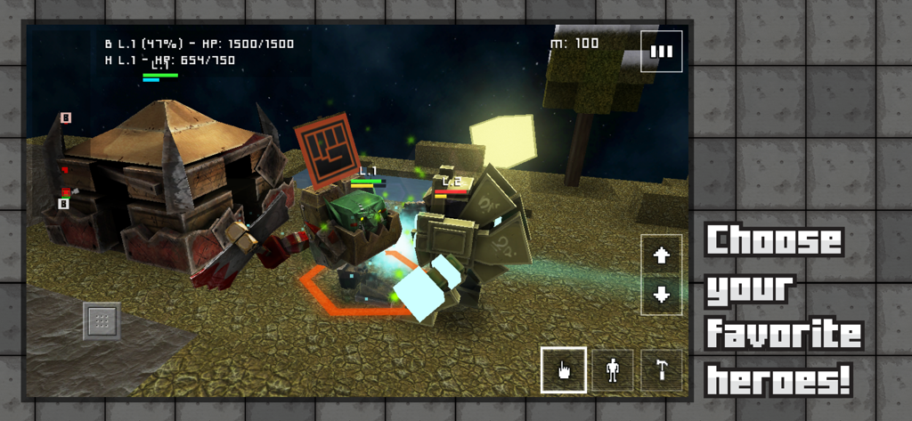 Block Fortress War에서 복셀 영웅들이 기지 근처에서 전투하는 모습, '좋아하는 영웅을 선택하세요'라는 텍스트 포함