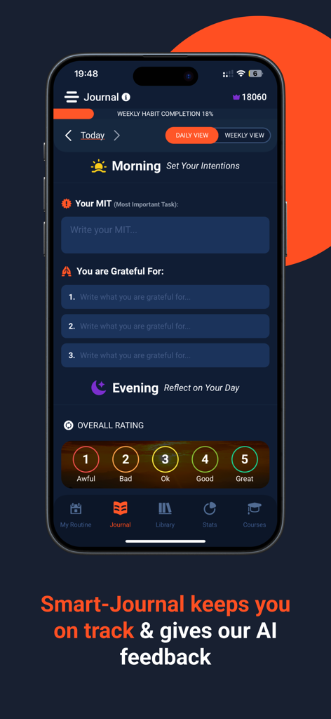 Ultiself app interface showing the smart journal feature for tracking habits and daily reflections.