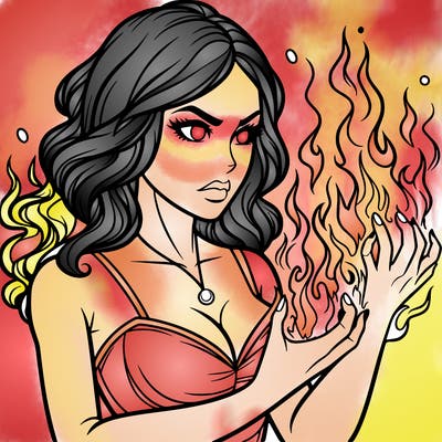 a realistic woman having the power of fire
