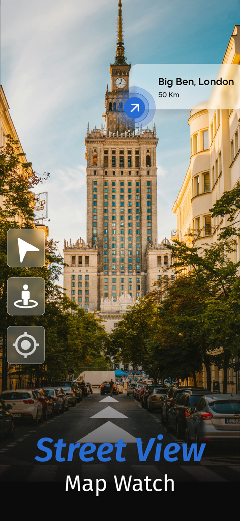 Street View Map Watch 3D View - A mobile app interface showing a 3D street view of a city monument with navigation controls.