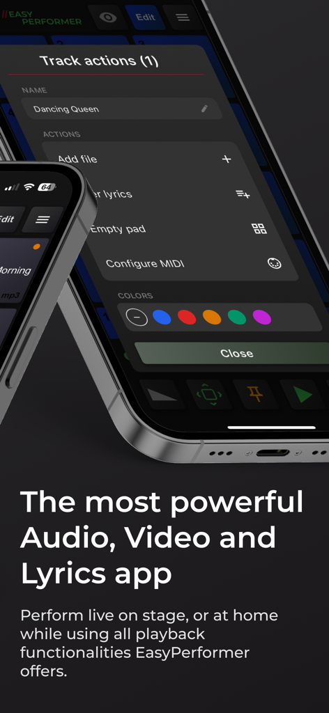 Easy Performer - Easy Performer app track actions menu for managing live audio and lyrics