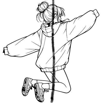 realistic girl jumping with a bun and oversized sweatshirt