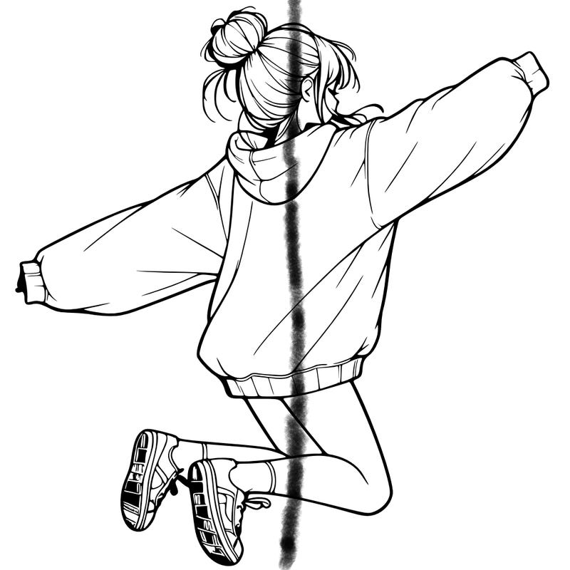 realistic girl jumping with a bun and oversized sweatshirt