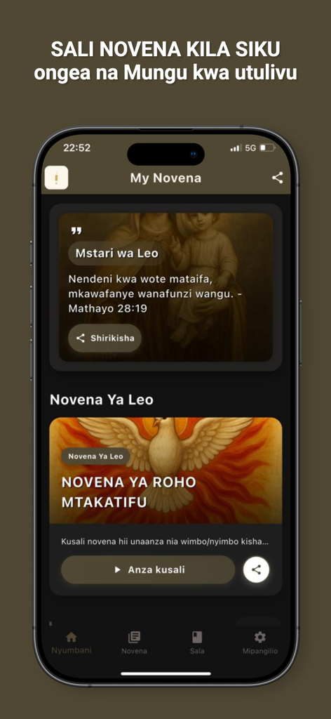 My Novena - Pantalla de inicio de la aplicación Mi Novena con oraciones católicas en suajili y un versículo diario