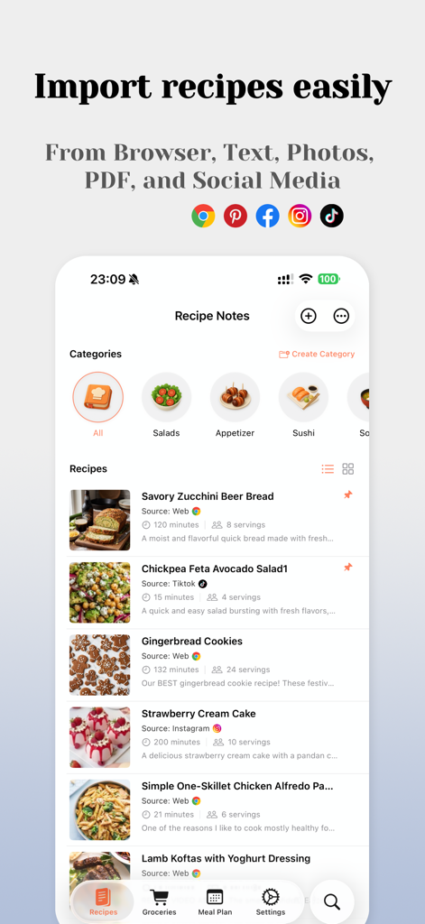 Recipe Notes - My Cookbook - Interfaz de la aplicación móvil Recipe Notes que muestra una lista de recetas y categorías con iconos para importar desde plataformas de redes sociales