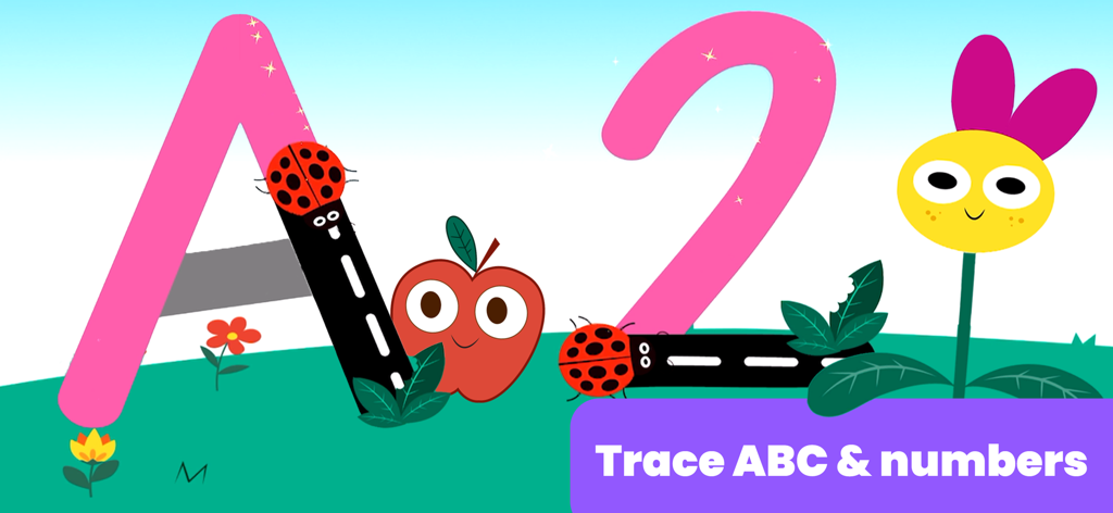 Hospital Games for Kids - Uno schermo educativo colorato per bambini che mostra una grande lettera A e il numero 2 da tracciare con simpatici personaggi coccinella e frutta.