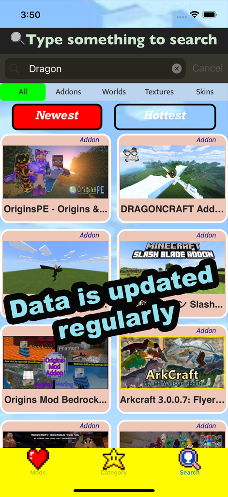 Morph Mod Addons for Minecraft - Search interface of the Morph Mod Addons for Minecraft app showing dragon and fantasy mods