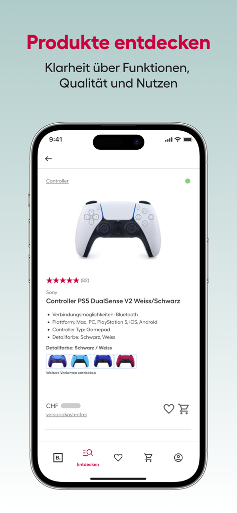 Brack – dein Online Shop - Tela do aplicativo móvel mostrando a página do produto de um controle de videogame PS5 DualSense com especificações claras, avaliações e variantes de cores.