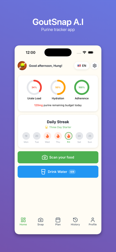 Gout Snap AI app dashboard showing urate load hydration levels and daily purine budget tracking