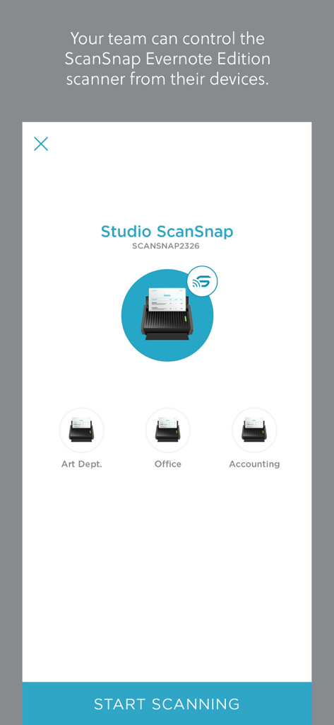 Evernote Scannable mobile interface for controlling a ScanSnap Evernote Edition scanner across multiple office departments