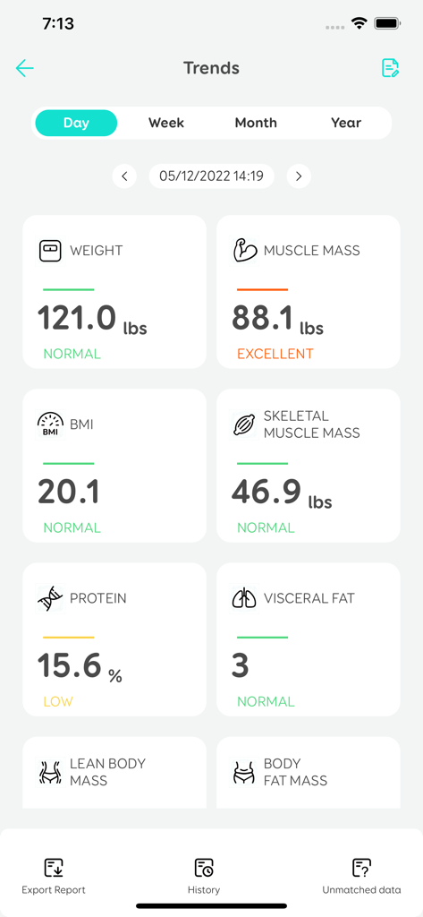A mobile screen from the eufy Life app showing health trends and body composition data like weight muscle mass and BMI