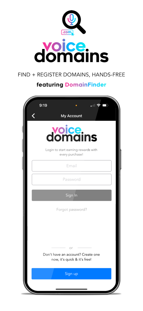 Voice Domains - Pantalla de inicio de sesión de la aplicación Voice Domains que muestra campos para correo electrónico y contraseña en un iPhone.