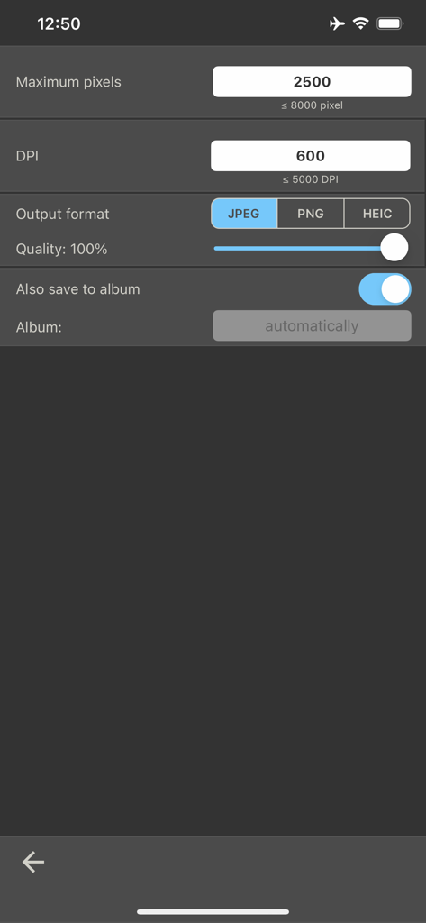 PDF to Image - JPG, PNG, HEIC - App settings for PDF to image conversion including DPI and pixel quality options