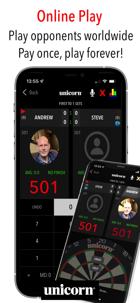 Russ Bray Darts Scorer Pro - Interface da aplicação Russ Bray Darts Scorer Pro mostrando o modo de jogo online entre dois jogadores
