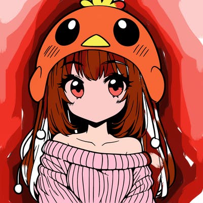 anime girl with chick shaped hat with sweater with bare shoulders with bangs covering them one eye with low tail