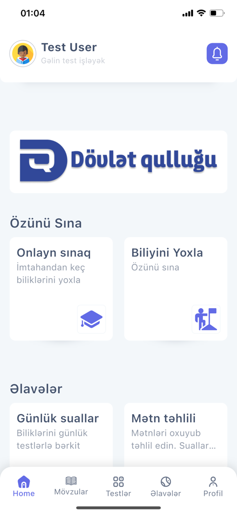 Dovlet Qullugu - Home screen of the Dovlet Qullugu app showing study modules for Azerbaijani civil service exam preparation.