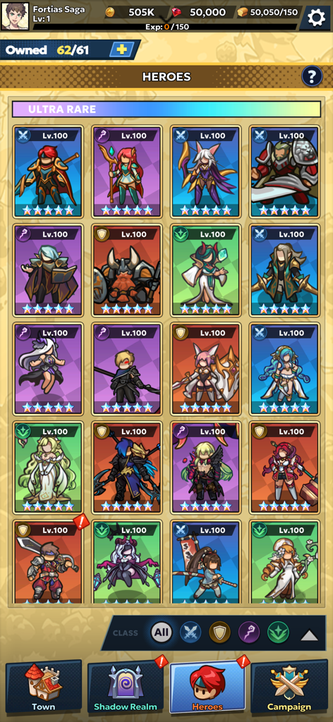 Fortias Saga: Idle RPG - A grid display of ultra rare level 100 anime style heroes in the Fortias Saga idle RPG menu.
