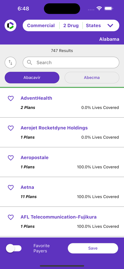 Interface do aplicativo Cobertura de Medicamentos na Ponta dos Dedos exibindo uma lista de pagadores de saúde e suas respectivas estatísticas de cobertura