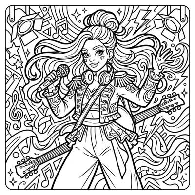 Dive into the vibrant world of music with this captivating musician coloring page, featuring a dazzling pop star ready to perform. Bring her stage presence and energetic background to life with your favorite colors.