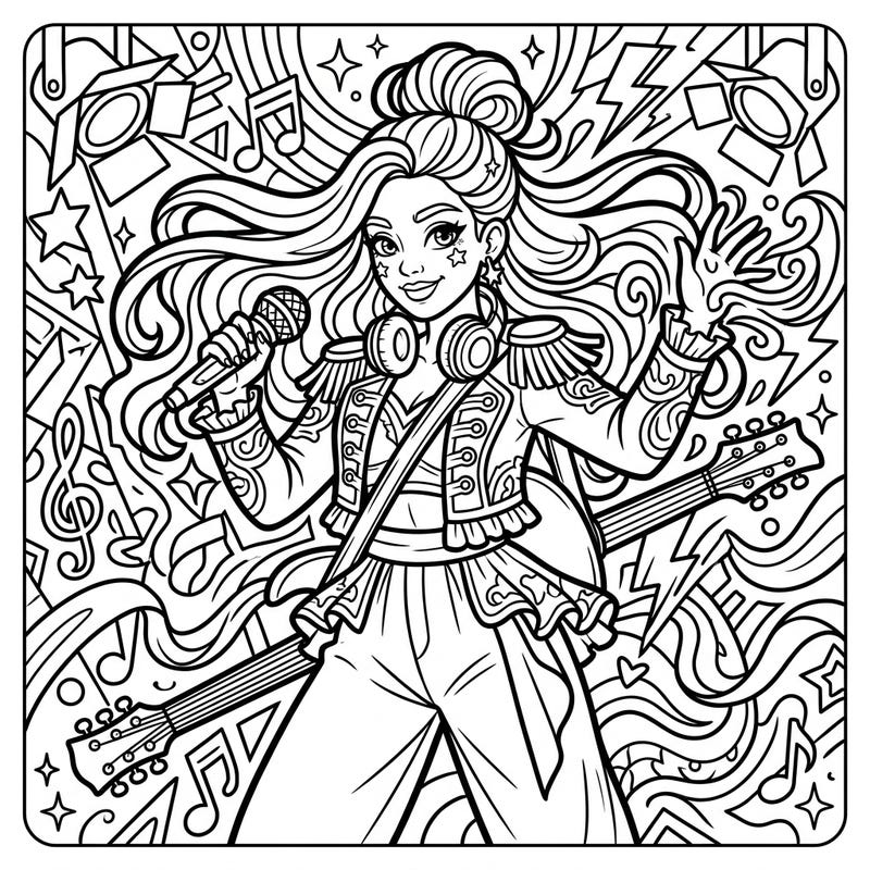 Dive into the vibrant world of music with this captivating musician coloring page, featuring a dazzling pop star ready to perform. Bring her stage presence and energetic background to life with your favorite colors.