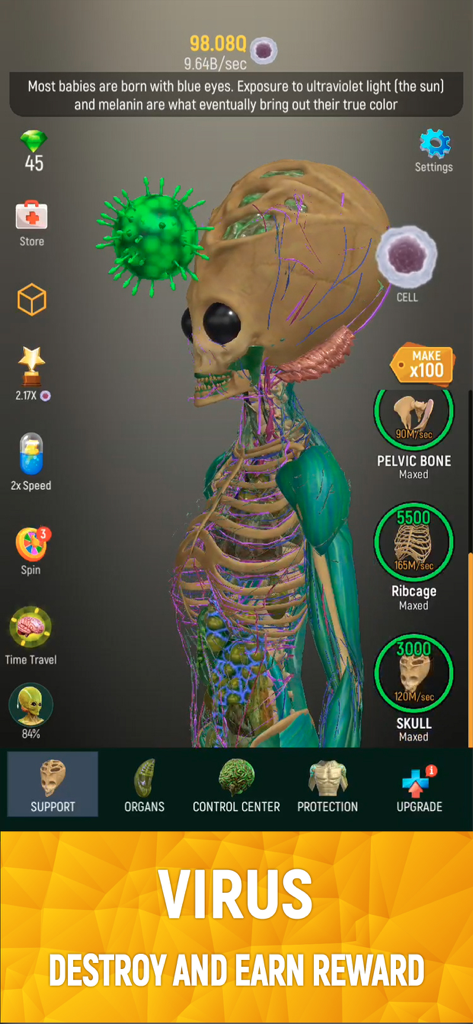 Gameplay screen of Idle Human showing a detailed anatomical 3D model and a virus destruction reward banner
