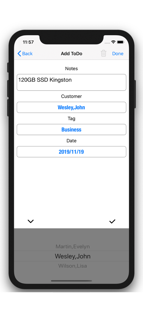 Customer Management - Contacts - Écran de l'application montrant comment ajouter une note de tâche et une tâche pour un contact professionnel