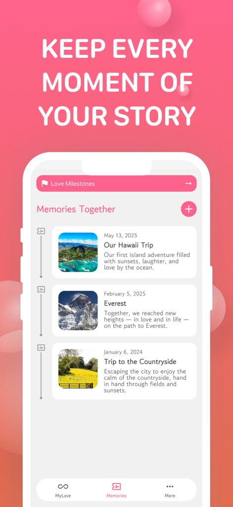Love Days Counter : MyLove - A digital scrapbook timeline showing romantic memories with photos and descriptions on a pink background