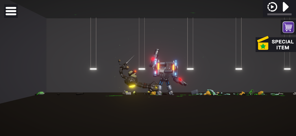 Two glowing robots battling in a 3D physics sandbox room.