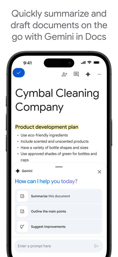 Google Docs mobile app interface showing Gemini AI features for document summarization and outlining