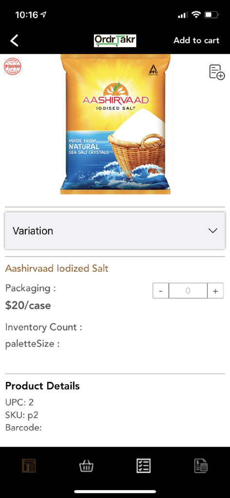 Pantalla de detalles del producto en la aplicación OrderTakerCRM que muestra una lista mayorista de sal yodada con opciones de precio y cantidad