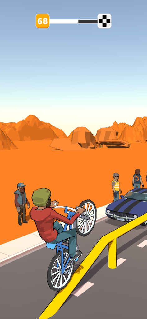 Wheelie Up - A player character performing a wheelie on a blue bicycle in a desert setting