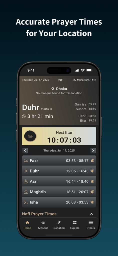 Muslim Times Pro: Prayer,Quran - Interface do aplicativo Muslim Times Pro exibindo tempos de oração diários precisos e uma contagem regressiva para o Iftar.
