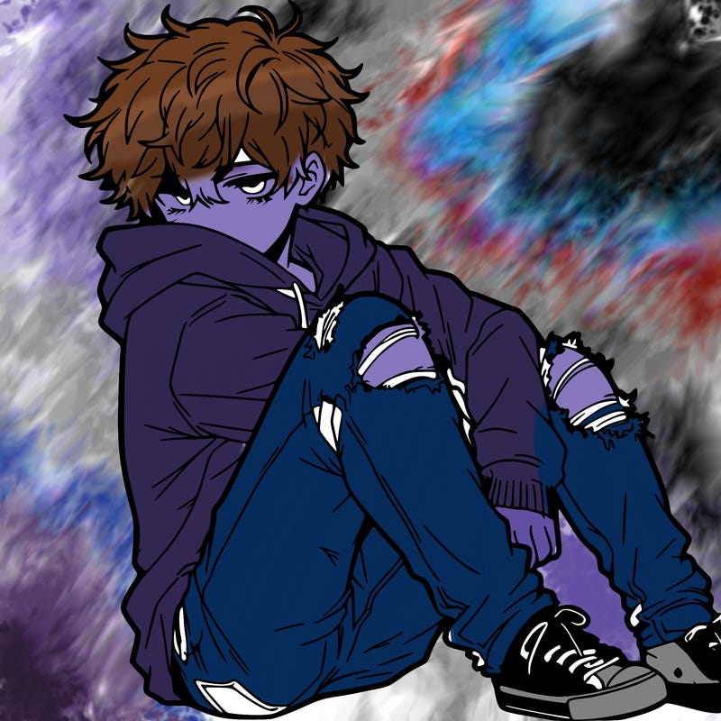 a male hoddie ripped jeans messy hair anime