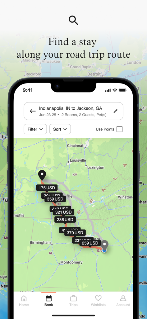Planejador de viagem de carro do aplicativo Marriott Bonvoy mostrando preços de hotéis ao longo de uma rota de mapa