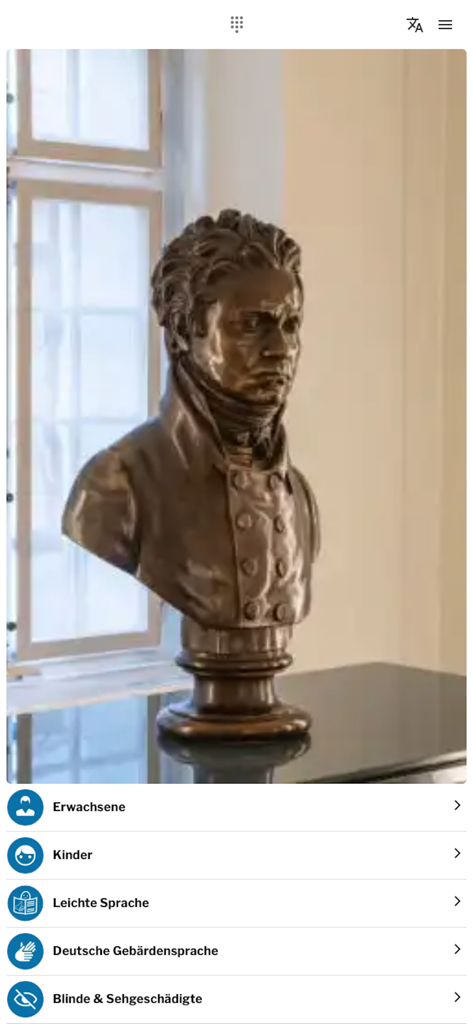 Beethoven-Haus Bonn Guide - Mobile app menu for Beethoven House Bonn Guide showing a bust of Beethoven and various museum tour options