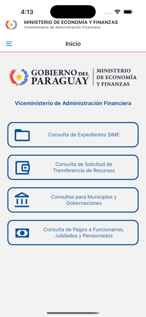 MEF Consultas - Pantalla de inicio de la aplicación móvil MEF Consultas mostrando opciones para seguimiento de archivos, solicitudes de transferencia y consultas de pago