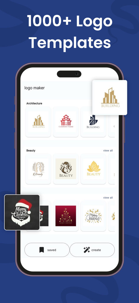 Ai Logo Maker & Design Creator - Interfaz de la aplicación Ai Logo Maker mostrando una biblioteca de más de 1000 plantillas para marcas de arquitectura y belleza.