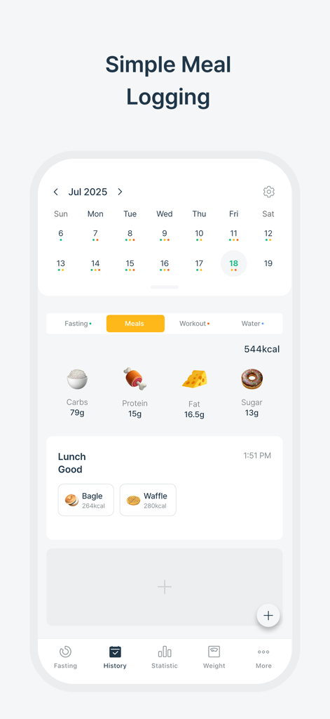 SimFast: Fasting Tracker - Pantalla de la aplicación SimFast que muestra un resumen diario de comidas con calorías y desglose de macronutrientes para carbohidratos, proteínas, grasas y azúcares.