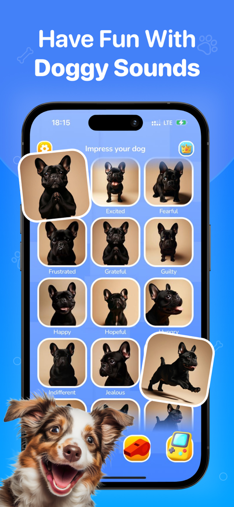 Dog & Human・Barking Games - Smartphone screen showing the Dog and Human app with various dog sounds categorized by emotions.