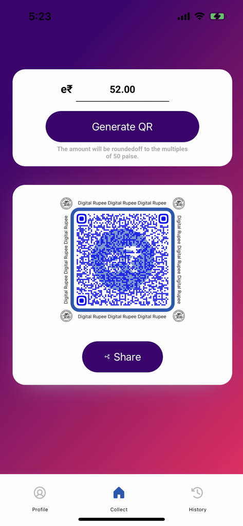 Merchant eRupee By SBI app interface showing a generated QR code for digital rupee payment collection