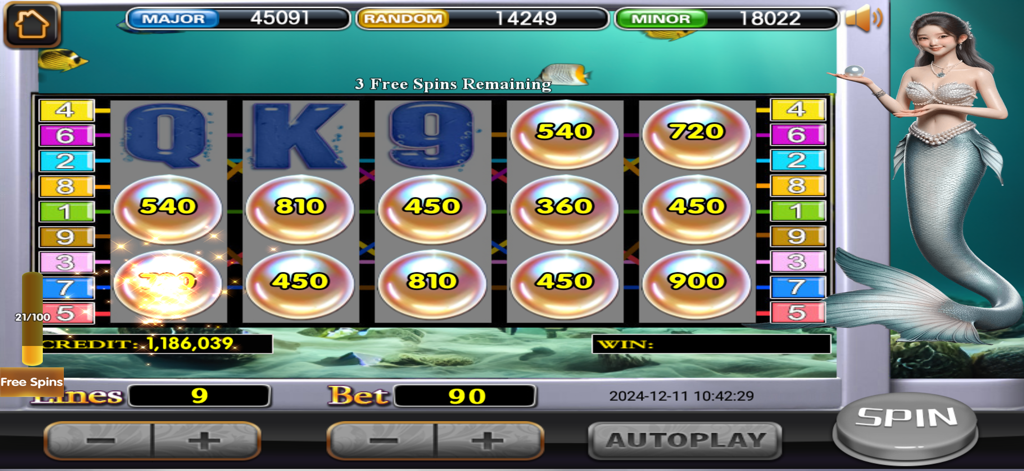 Schermata di una slot a tema sirena dall'app del casinò Lucky Gold che mostra perle e giri gratuiti