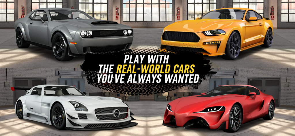 Racing Go: Speed Thrills - Four high-performance sports and muscle cars displayed in a garage in Racing Go Speed Thrills