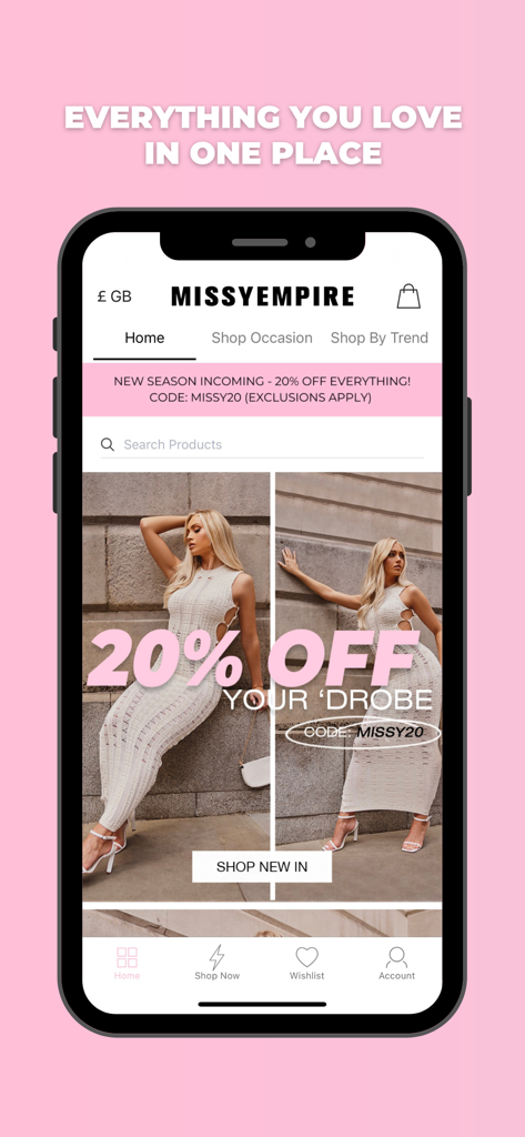 A tela inicial do aplicativo Missyempire com um desconto promocional e moda feminina em alta.