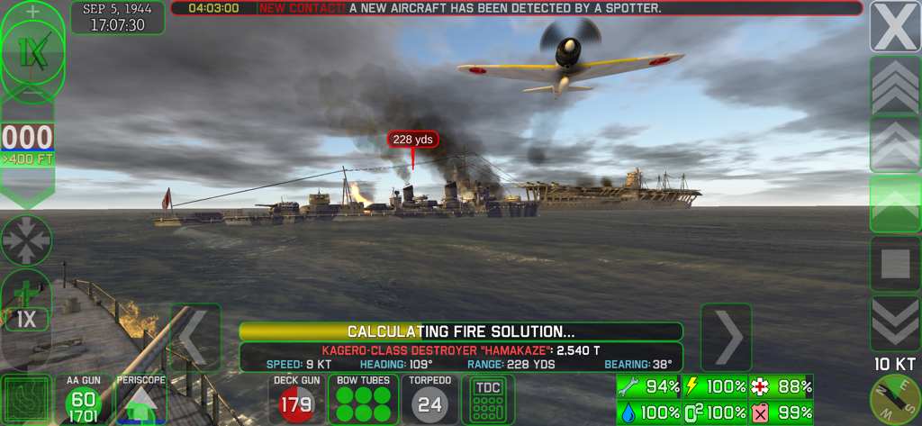 Jugabilidad de simulación de submarino en Crash Dive 2 que muestra una batalla naval