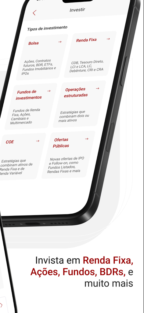 Santander Corretora app interface showing investment categories like stocks fixed income and funds on an iPhone