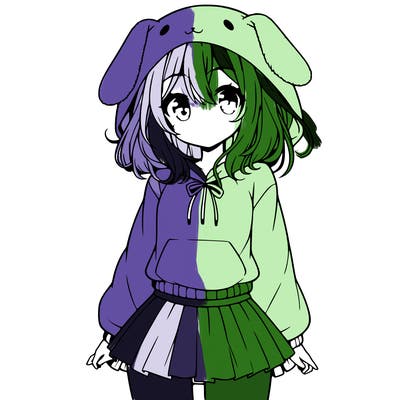 pretty anime girl wearing a fluffy hoodie with bunny ears on the hood and a skirt