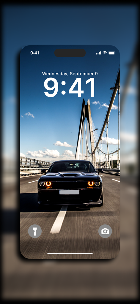 Live Wallpaper 4K - HD Theme - iPhone lock screen displaying a 4K high-definition wallpaper of a black muscle car on a bridge